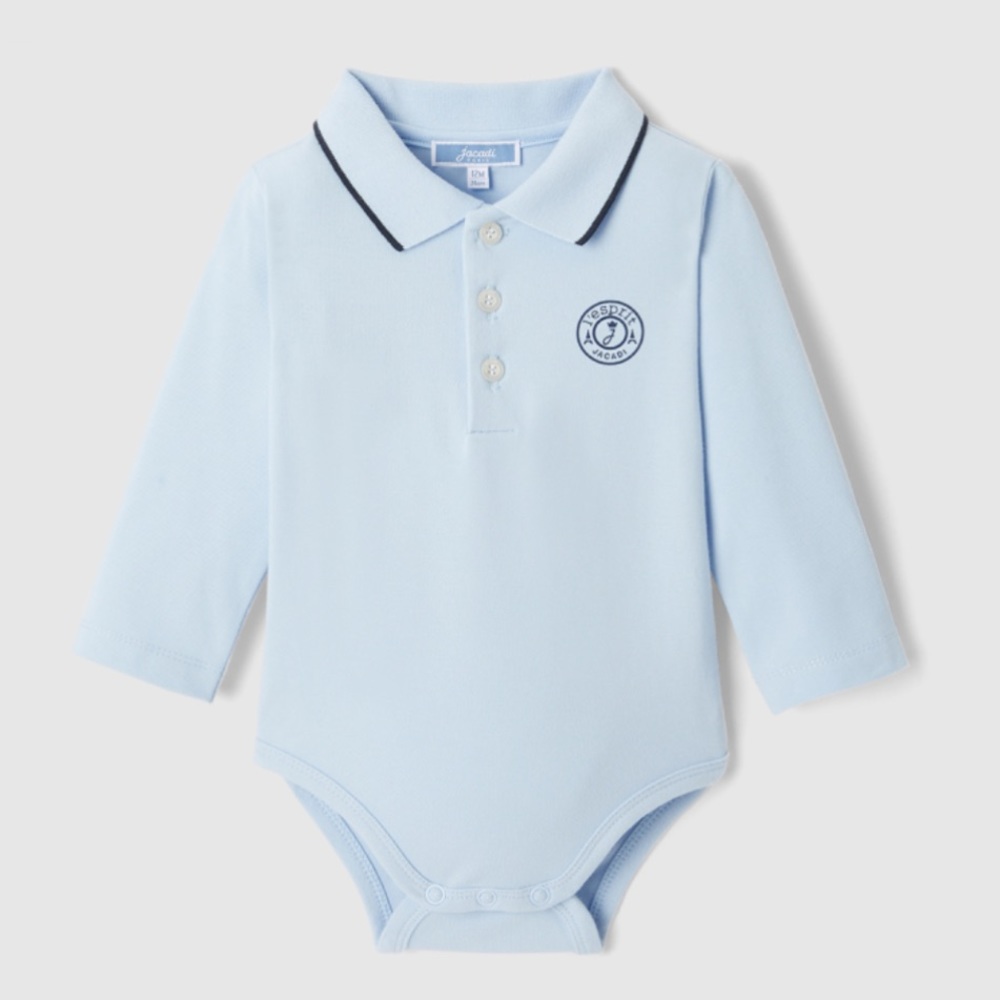 Jacadi Light Blue Long-Sleeve Polo Bodysuit with Navy Trim